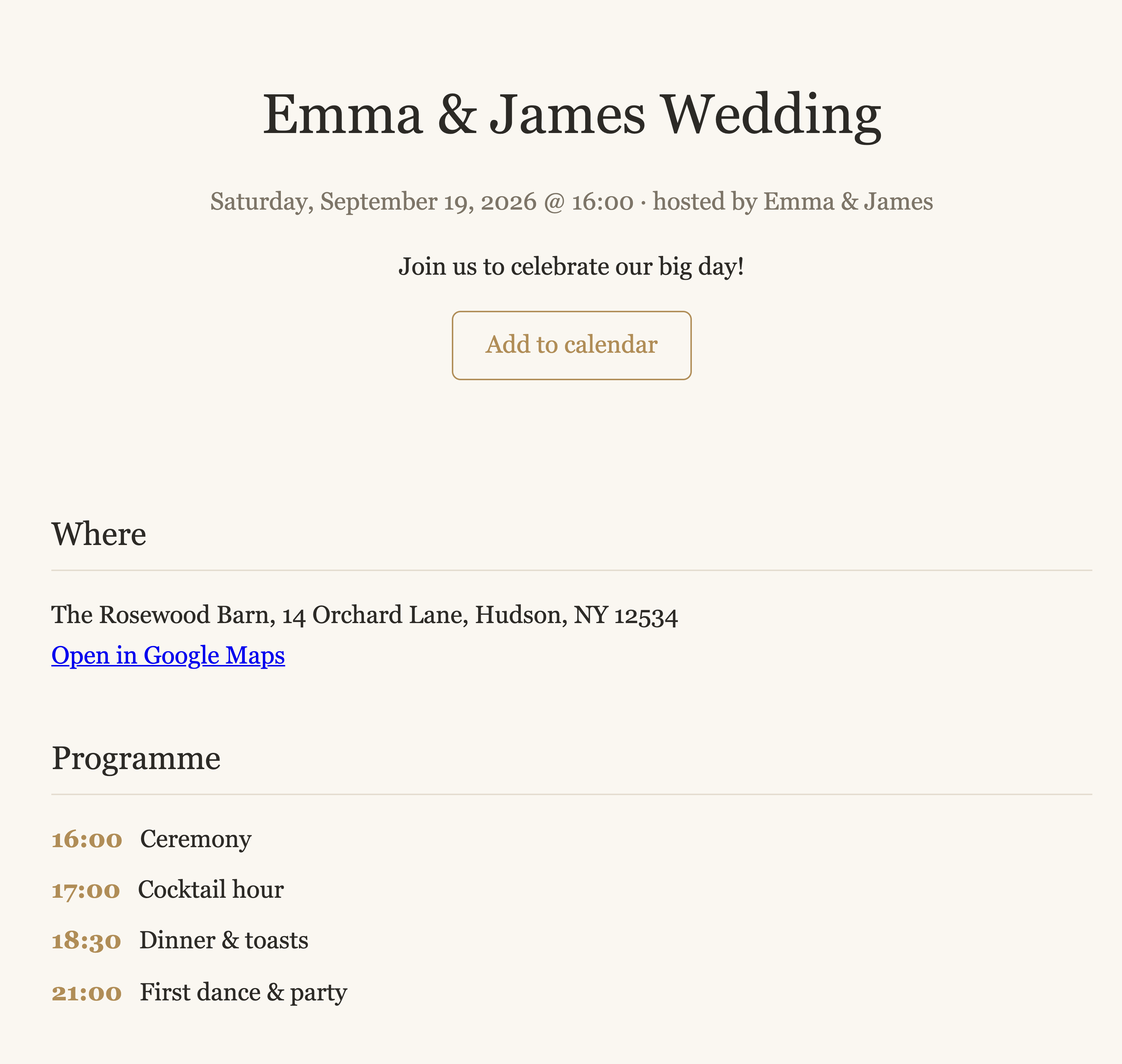Public wedding event page with online RSVP form